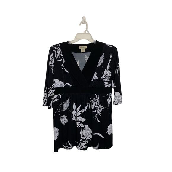 Travel Smith Low Cut V Neck Black White Y2k Dressy Floral Tunic Sz M - Picture 1 of 9